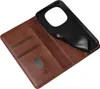 An open brown leather wallet-style phone case with a black phone holder insert. Produktbild-Vorschau