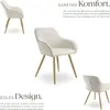 A collage of images showcasing a cream-colored armchair with gold legs, accompanied by descriptive text highlighting its comfort and design. Produktbild-Vorschau