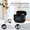 A pair of wireless earbuds and their charging case are displayed on a surface, with a vase and plant in the background. Text overlays describe features. Produktbild-Vorschau