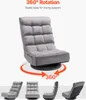 A gray floor chair with a 360-degree rotating base is shown from multiple angles, with text highlighting its rotation feature. Náhľad obrázku produktu