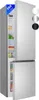 A silver refrigerator with its doors open, showing the interior shelves and food items. There are color swatches on the right side of the image. Podgląd zdjęcia produktu