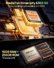 A close-up view of a computer chip and memory modules, with text overlays highlighting technical specifications. Produktbild-Vorschau