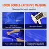 A collage of four images showcasing the features of a blue PVC material, with text overlays describing its properties. Voir les images du produit