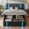 A modern bed with a grey upholstered headboard and base, featuring integrated blue LED lighting. Náhľad obrázku produktu