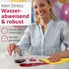 A woman is cleaning up a spilled glass of red wine from a table with a yellow cloth. Balloons are visible in the background. Produktbild-Vorschau