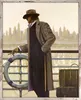 A man in a hat and trench coat stands on a deck, looking out at a city skyline. Produktbild-Vorschau