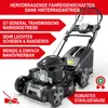 A lawnmower with marketing text overlays. Produktbild-Vorschau