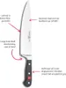 A diagram of a knife with callouts describing its features. Voir les images du produit