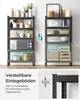 Two shelving units are shown side-by-side, with one unit demonstrating adjustable shelf heights. A close-up of the shelving unit's adjustable shelf mechanism is also shown. Produktbild-Vorschau