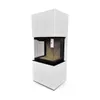 A modern white fireplace with a glass front, displayed on a white background. Produktbild-Vorschau