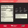 Nutrition facts label and ingredient list for a strawberry and cream flavored protein powder. Produktbild-Vorschau