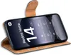A smartphone in a flip case, displaying product information on its screen. Produktbild-Vorschau