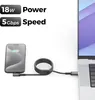 A USB-A to USB-C cable is shown connecting a smartphone to a laptop, with text highlighting power and speed. Produktbild-Vorschau