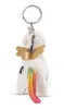 A white plush unicorn keychain with gold wings and a rainbow sequined tail. Produktbild-Vorschau