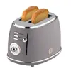 A gray two-slice toaster with two slices of toast in it, set against a white background. Voir les images du produit