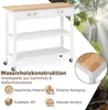 A white kitchen cart with a wooden top, shown in a studio setting with a blurred natural background and close-up detail shots. Podgląd zdjęcia produktu