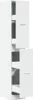 A tall, narrow white cabinet with two doors, one above the other. The doors are slightly ajar, revealing shelves and drawers inside. Produktbild-Vorschau
