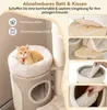 A cat tree with a cat on it, and close-up shots of its features. Podgląd zdjęcia produktu