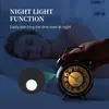 A person's hand is shown pressing the top of a retro alarm clock, while a woman sleeps in the background. A circular inset highlights the night light function. Voir les images du produit