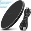 A black wireless charging pad with a silver rim and a black USB cable is shown on a white background. Text in German describes the product's features. Produktbild-Vorschau