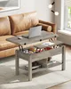 A lift-top coffee table with storage is shown in a living room setting next to a leather sofa. Voir les images du produit