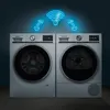 Two Siemens washing machines are shown side-by-side with a glowing blue Wi-Fi symbol and arrows above them, indicating connectivity. Produktbild-Vorschau