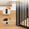 Close-up of a black metal dog gate with details highlighted by orange arrows and text. Podgląd zdjęcia produktu