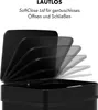 A black trash can lid is shown in multiple stages of opening, demonstrating its soft-close feature. Produktbild-Vorschau