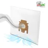 A white vacuum cleaner bag with a brown cardboard attachment, with stylized air currents indicating airflow. Produktbild-Vorschau