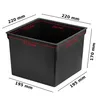 A black square planter insert with dimensions indicated by red lines and text. Náhled obrázku produktu