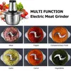 A collage of images showing a multi-function electric meat grinder and its various uses. Produktbild-Vorschau