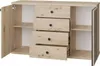 A light wood-colored dresser with four drawers and two open shelves, shown with one door ajar. Náhľad obrázku produktu
