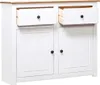 A white sideboard with a wooden top, two drawers, and two cabinet doors, shown in a studio setting against a white background. Podgląd zdjęcia produktu