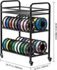 A black metal rack with three shelves, each holding multiple spools of filament for 3D printers. Dimensions are indicated on the right and bottom of the image. Podgląd zdjęcia produktu
