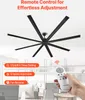A large black ceiling fan with 8 blades is shown mounted on a white ceiling. Below the fan, there are several orange rectangular boxes with icons and text describing features, and a hand holding a white remote control. The background shows a blurred office Anteprima dell’immagine prodotto