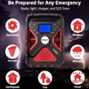 A promotional image for an emergency radio, showcasing its features and suitability for various emergencies like hurricanes, tornadoes, blackouts, blizzards, earthquakes, fires, and floods. Produktbild-Vorschau