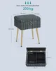 A diagram showing the dimensions of a gray upholstered stool with gold legs, and an inset showing the interior storage compartments with dimensions. Produktbild-Vorschau