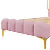 Close-up side view of a pink upholstered bed frame with gold legs. Anteprima dell’immagine prodotto