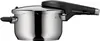 A stainless steel pressure cooker with a black handle is shown against a white background. Náhled obrázku produktu