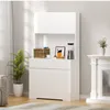 A white kitchen cabinet with a countertop and various decorative items on display. Produktbild-Vorschau