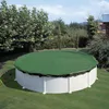An above-ground swimming pool covered with a green tarp, situated in a grassy backyard with trees and bushes in the background. Produktbild-Vorschau