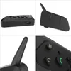 A collage of four close-up images of a black motorcycle helmet communication device. Produktbild-Vorschau