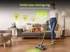 A woman is vacuuming a living room with a dog on the couch, with a graphic overlay showing noise levels. Produktbild-Vorschau