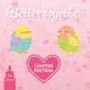 Two cartoon budgies are shown on a pink background with hearts. Text says "Better together". Produktbild-Vorschau