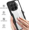 A hand is shown holding a transparent phone case with black edges, demonstrating its features. Produktbild-Vorschau