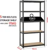 A black 5-tier boltless storage shelf with brown shelves, shown with dimensions and weight capacity. Produktbild-Vorschau