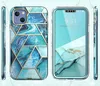 A collage of an iPhone 14 Plus case with a blue marble and geometric design, shown from the back, front, and sides. Podgląd zdjęcia produktu