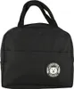 A black lunch bag with handles and a circular logo on the front. Podgląd zdjęcia produktu