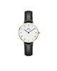 A Daniel Wellington watch with a white face and black leather strap, presented on a white background. Produktbild-Vorschau