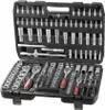 A black tool case filled with various metal tools, including sockets, ratchets, and bits. Voir les images du produit